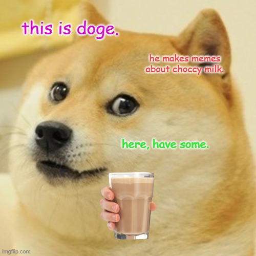Doge Meme | this is doge. he makes memes about choccy milk. here, have some. | image tagged in memes,doge | made w/ Imgflip meme maker