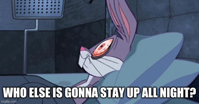 Bugs Insomnia | WHO ELSE IS GONNA STAY UP ALL NIGHT? | image tagged in bugs insomnia | made w/ Imgflip meme maker