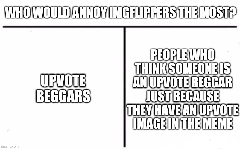 maybe 2 would be more annoying | WHO WOULD ANNOY IMGFLIPPERS THE MOST? UPVOTE BEGGARS; PEOPLE WHO THINK SOMEONE IS AN UPVOTE BEGGAR JUST BECAUSE THEY HAVE AN UPVOTE IMAGE IN THE MEME | image tagged in who would win,upvote beggars,who | made w/ Imgflip meme maker