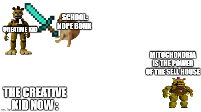 school in a nutshell 2 | SCHOOL: NOPE BONK; A CREATIVE KID; MITOCHONDRIA IS THE POWER OF THE SELL HOUSE; THE CREATIVE KID NOW : | image tagged in blank white template | made w/ Imgflip meme maker