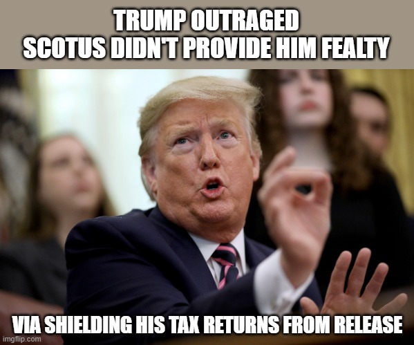 Losing President turned professional victim, Trump cries "political persecution" after SCOTUS ruling | TRUMP OUTRAGED
SCOTUS DIDN'T PROVIDE HIM FEALTY; VIA SHIELDING HIS TAX RETURNS FROM RELEASE | image tagged in scotus,trump,taxes,criminal investigations,loser | made w/ Imgflip meme maker