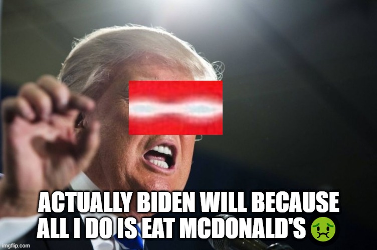 donald trump | ACTUALLY BIDEN WILL BECAUSE ALL I DO IS EAT MCDONALD'S🤢 | image tagged in donald trump | made w/ Imgflip meme maker