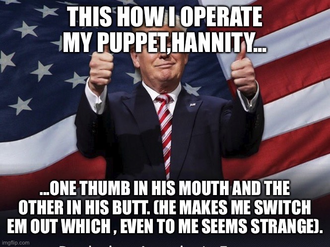 Donald Trump Thumbs Up | THIS HOW I OPERATE MY PUPPET,HANNITY... ...ONE THUMB IN HIS MOUTH AND THE OTHER IN HIS BUTT. (HE MAKES ME SWITCH EM OUT WHICH , EVEN TO ME SEEMS STRANGE). | image tagged in donald trump thumbs up | made w/ Imgflip meme maker