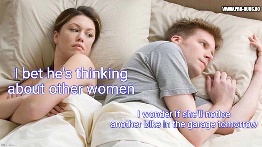 I Bet He's Thinking About Other Women Meme | WWW.PRO-BUDS.CO; I bet he's thinking about other women; I wonder if she'll notice another bike in the garage tomorrow | image tagged in memes,i bet he's thinking about other women | made w/ Imgflip meme maker