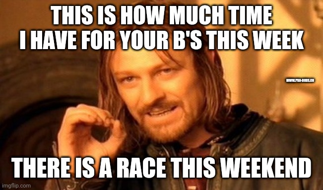 Preseason race prep | THIS IS HOW MUCH TIME I HAVE FOR YOUR B'S THIS WEEK; WWW.PRO-BUDS.CO; THERE IS A RACE THIS WEEKEND | image tagged in memes,one does not simply | made w/ Imgflip meme maker