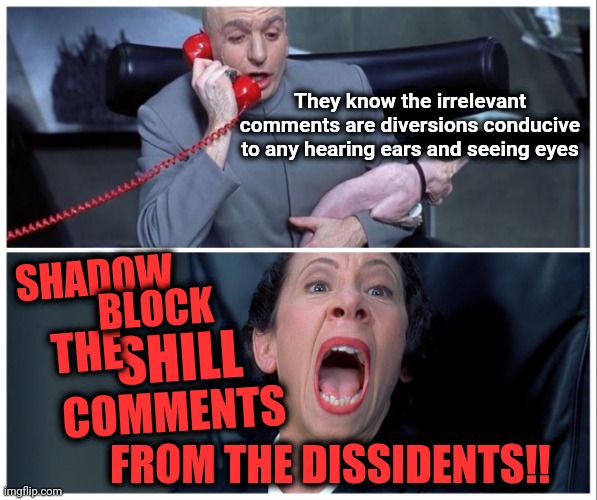 Dr. Evil on phone with Frau meme | They know the irrelevant comments are diversions conducive to any hearing ears and seeing eyes; SHADOW; BLOCK; SHILL; THE; COMMENTS; FROM THE DISSIDENTS!! | image tagged in dr evil on phone with frau meme,memes,funny,woke,shadow block,comments | made w/ Imgflip meme maker
