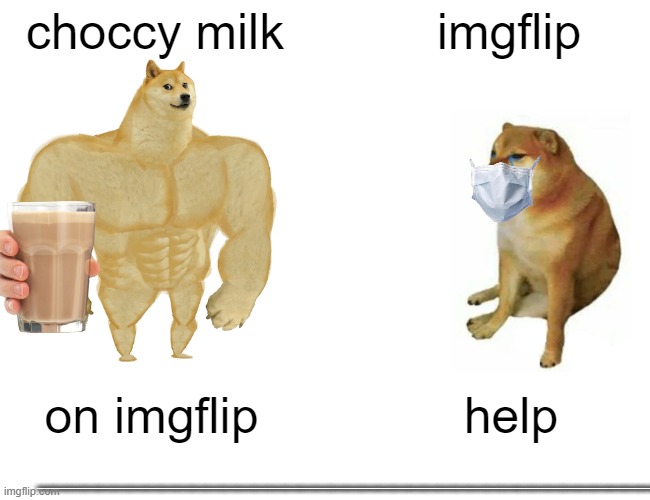 Buff Doge vs. Cheems Meme | choccy milk; imgflip; on imgflip; help; ________________________________________ | image tagged in memes,buff doge vs cheems | made w/ Imgflip meme maker