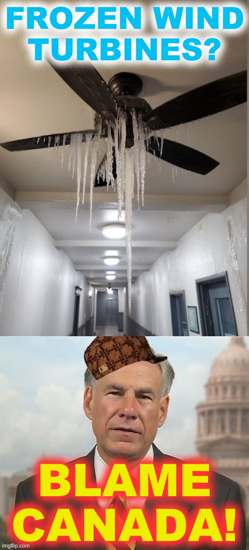 conservatives blame frozen wind turbines for texas blackout | FROZEN WIND
TURBINES? BLAME CANADA! | image tagged in fossil fuel,conservative logic,conservative hypocrisy,texas,governor,because capitalism | made w/ Imgflip meme maker