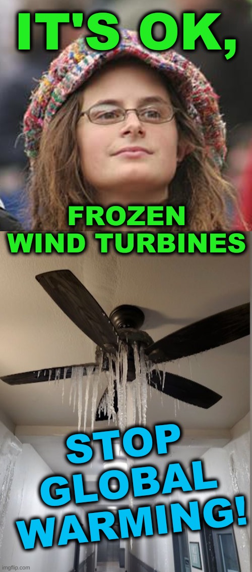 stupid liberals! | IT'S OK, FROZEN WIND TURBINES; STOP
GLOBAL
WARMING! | image tagged in memes,college liberal,frozen wind turbine texas,liberal logic,liberal hypocrisy,triggered liberal | made w/ Imgflip meme maker