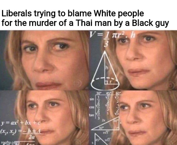 RIP Vicha Ratanapakdee | Liberals trying to blame White people for the murder of a Thai man by a Black guy | image tagged in math lady/confused lady,memes,politics | made w/ Imgflip meme maker