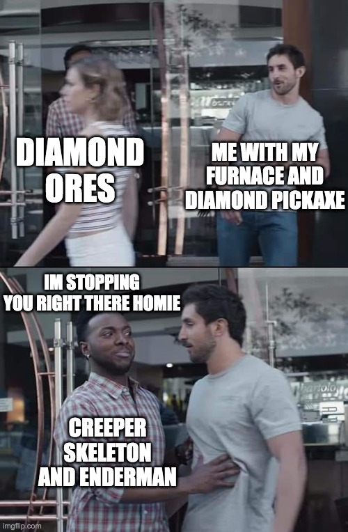 black guy stopping | ME WITH MY FURNACE AND DIAMOND PICKAXE; DIAMOND ORES; IM STOPPING YOU RIGHT THERE HOMIE; CREEPER SKELETON AND ENDERMAN | image tagged in black guy stopping | made w/ Imgflip meme maker