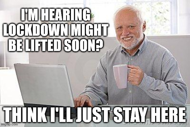 End to lockdown? | I'M HEARING LOCKDOWN MIGHT BE LIFTED SOON? THINK I'LL JUST STAY HERE | image tagged in hide the pain harold smile,corona virus covid19,covid lockdown,lockdown fever,institutionalised | made w/ Imgflip meme maker