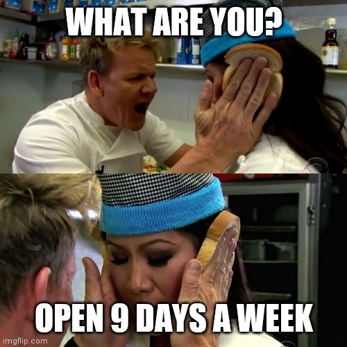 Open 9 days a week | WHAT ARE YOU? OPEN 9 DAYS A WEEK | image tagged in gordon ramsay idiot sandwich | made w/ Imgflip meme maker