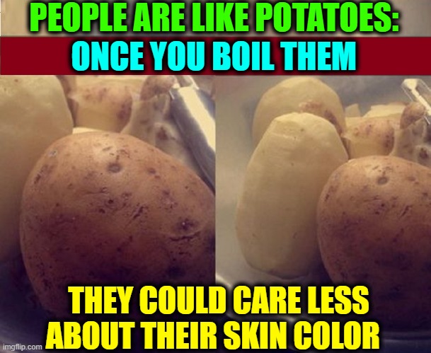 Eracism | PEOPLE ARE LIKE POTATOES:; ONCE YOU BOIL THEM; THEY COULD CARE LESS ABOUT THEIR SKIN COLOR | image tagged in vince vance,memes,racism,boil,people,potatoes | made w/ Imgflip meme maker