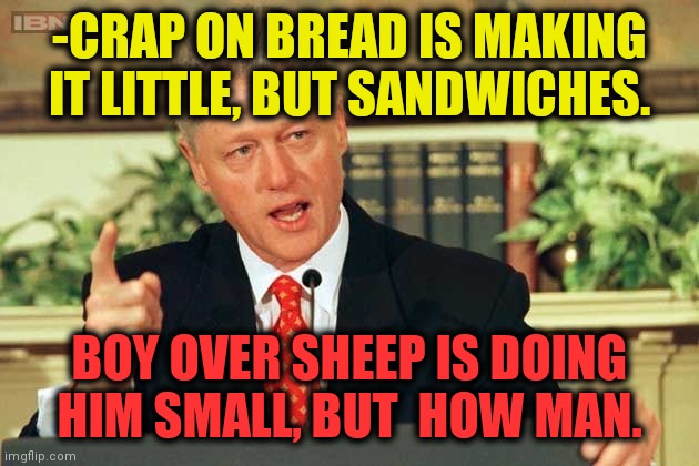 -Be noticed. | -CRAP ON BREAD IS MAKING IT LITTLE, BUT SANDWICHES. BOY OVER SHEEP IS DOING HIM SMALL, BUT  HOW MAN. | image tagged in bill clinton - sexual relations,me and the boys,village people,sandwich,toilet humor,weird stuff | made w/ Imgflip meme maker