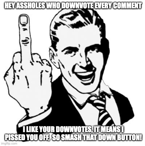 1950s Middle Finger Meme | HEY ASSHOLES WHO DOWNVOTE EVERY COMMENT; I LIKE YOUR DOWNVOTES, IT MEANS I PISSED YOU OFF,  SO SMASH THAT DOWN BUTTON! | image tagged in memes,1950s middle finger | made w/ Imgflip meme maker