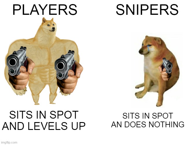 Buff Doge vs. Cheems | PLAYERS; SNIPERS; SITS IN SPOT AND LEVELS UP; SITS IN SPOT AN DOES NOTHING | image tagged in memes,buff doge vs cheems | made w/ Imgflip meme maker
