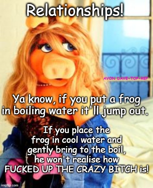 RELATIONSHIPS | Relationships! AVON DAVE-TOP-REP; Ya know, if you put a frog in boiling water it'll jump out. If you place the frog in cool water and gently bring to the boil, he won't realise how FUCKED UP THE CRAZY BITCH is! | image tagged in miss piggy,psycho,crazy,women,relationship,girlfriend | made w/ Imgflip meme maker