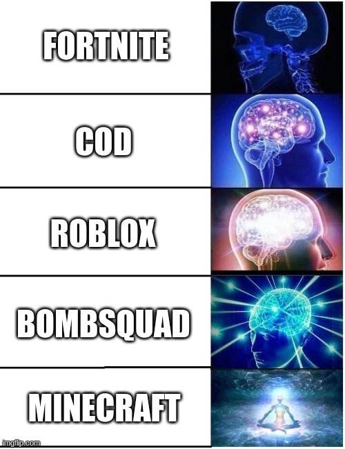 just my personal opinions | FORTNITE; COD; ROBLOX; BOMBSQUAD; MINECRAFT | image tagged in expanding brain 5 panel | made w/ Imgflip meme maker