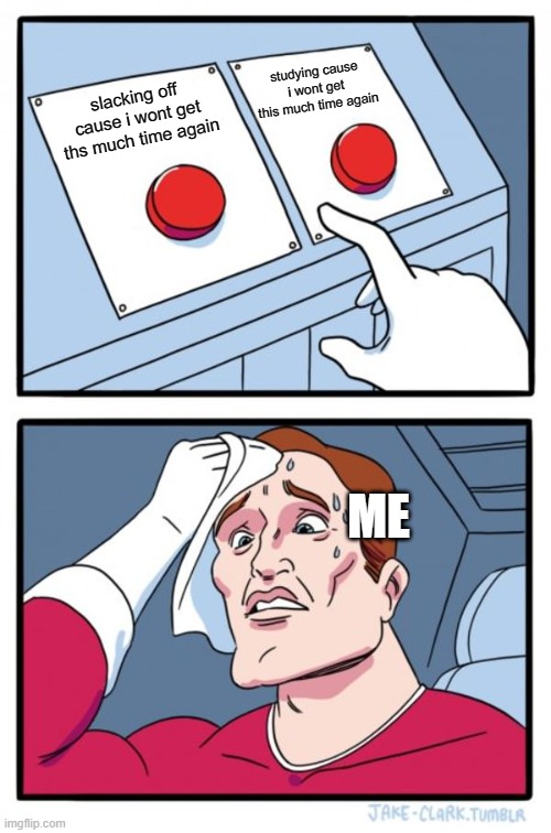 Two Buttons Meme | studying cause i wont get this much time again; slacking off cause i wont get ths much time again; ME | image tagged in memes,two buttons | made w/ Imgflip meme maker
