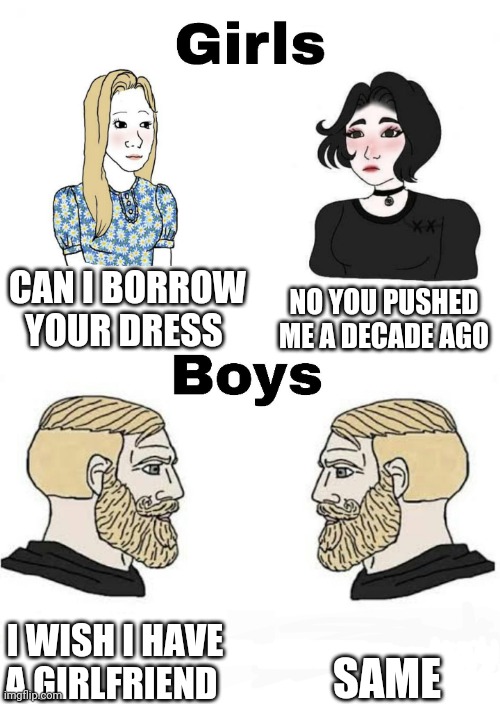 Girls vs Boys | NO YOU PUSHED ME A DECADE AGO; CAN I BORROW YOUR DRESS; I WISH I HAVE A GIRLFRIEND; SAME | image tagged in girls vs boys,boys vs girls | made w/ Imgflip meme maker