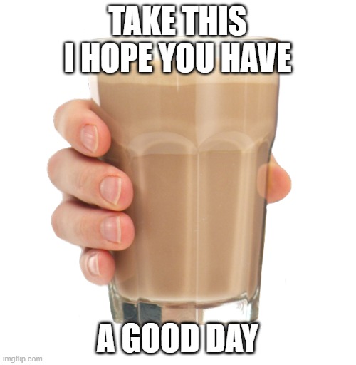 Choccy Milk | TAKE THIS I HOPE YOU HAVE A GOOD DAY | image tagged in choccy milk | made w/ Imgflip meme maker