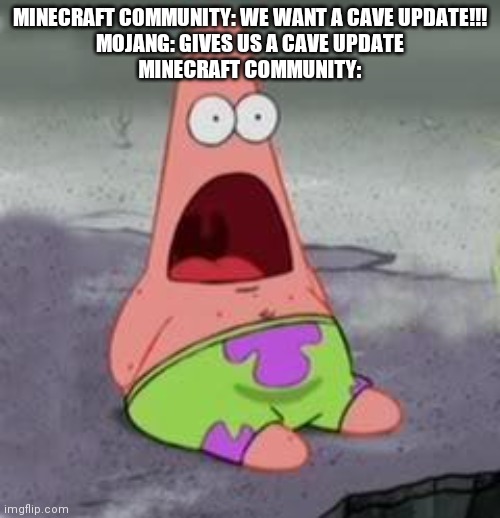 No this isnt how ur supposed to play the game | MINECRAFT COMMUNITY: WE WANT A CAVE UPDATE!!!
MOJANG: GIVES US A CAVE UPDATE
MINECRAFT COMMUNITY: | image tagged in suprised patrick | made w/ Imgflip meme maker