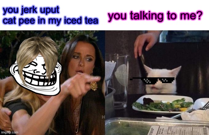 Woman Yelling At Cat | you jerk uput cat pee in my iced tea; you talking to me? | image tagged in memes,woman yelling at cat | made w/ Imgflip meme maker