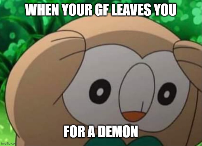 Distressed Rowlet | WHEN YOUR GF LEAVES YOU; FOR A DEMON | image tagged in distressed rowlet | made w/ Imgflip meme maker