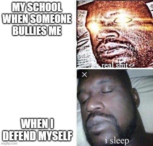 I am so LuCkY | MY SCHOOL WHEN SOMEONE BULLIES ME; WHEN I DEFEND MYSELF | image tagged in i sleep reverse | made w/ Imgflip meme maker