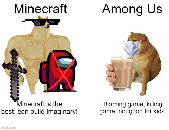 Buff Doge vs. Cheems Meme | Minecraft; Among Us; Minecraft is the best, can build imaginary! Blaming game, killing game, not good for kids. | image tagged in memes,buff doge vs cheems | made w/ Imgflip meme maker