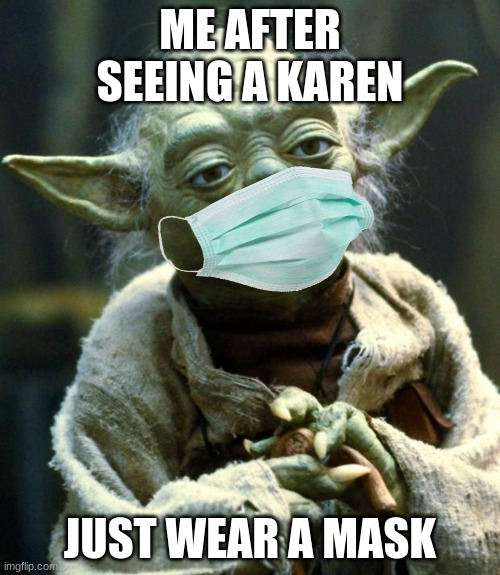 why cant karen wear a mask- | ME AFTER SEEING A KAREN; JUST WEAR A MASK | image tagged in memes,star wars yoda,mask,karen | made w/ Imgflip meme maker