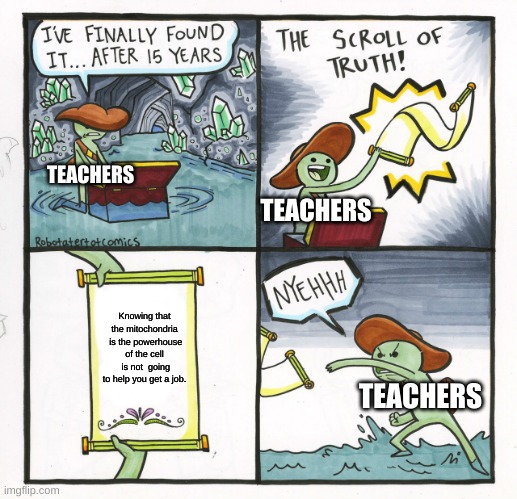S C  H  O  O  L | TEACHERS; TEACHERS; Knowing that the mitochondria  is the powerhouse of the cell  is not  going to help you get a job. TEACHERS | image tagged in memes,the scroll of truth | made w/ Imgflip meme maker