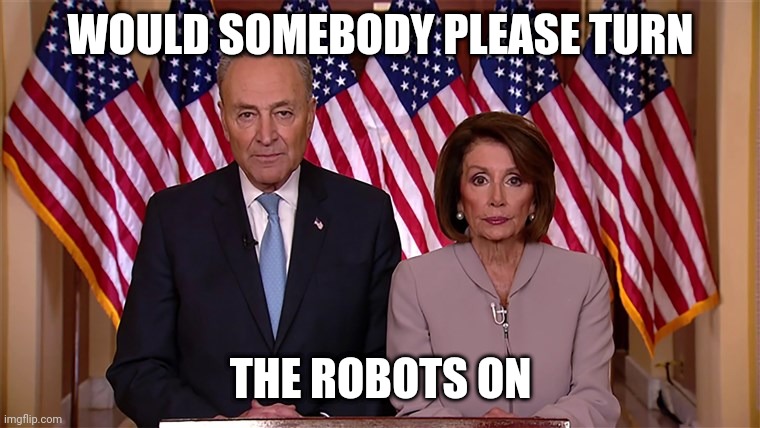 Pelosi and Schumer | WOULD SOMEBODY PLEASE TURN; THE ROBOTS ON | image tagged in pelosi and schumer | made w/ Imgflip meme maker