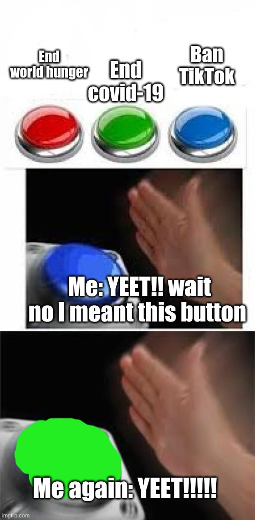 End world hunger; Ban TikTok; End covid-19; Me: YEET!! wait no I meant this button; Me again: YEET!!!!! | image tagged in red green blue buttons | made w/ Imgflip meme maker