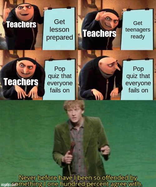 Not a good meme but... | Teachers; Teachers; Get lesson prepared; Get teenagers ready; Pop quiz that everyone fails on; Pop quiz that everyone fails on; Teachers | image tagged in memes,gru's plan | made w/ Imgflip meme maker