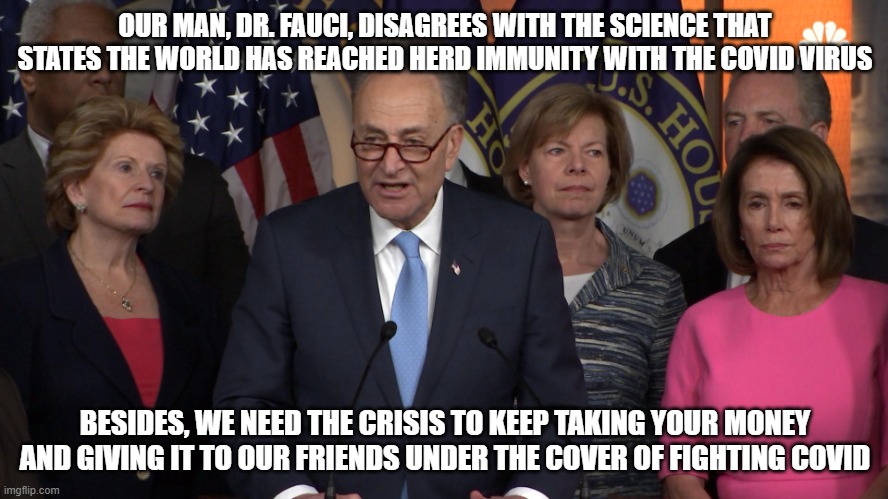 Democrat congressmen | OUR MAN, DR. FAUCI, DISAGREES WITH THE SCIENCE THAT STATES THE WORLD HAS REACHED HERD IMMUNITY WITH THE COVID VIRUS; BESIDES, WE NEED THE CRISIS TO KEEP TAKING YOUR MONEY AND GIVING IT TO OUR FRIENDS UNDER THE COVER OF FIGHTING COVID | image tagged in democrat congressmen | made w/ Imgflip meme maker