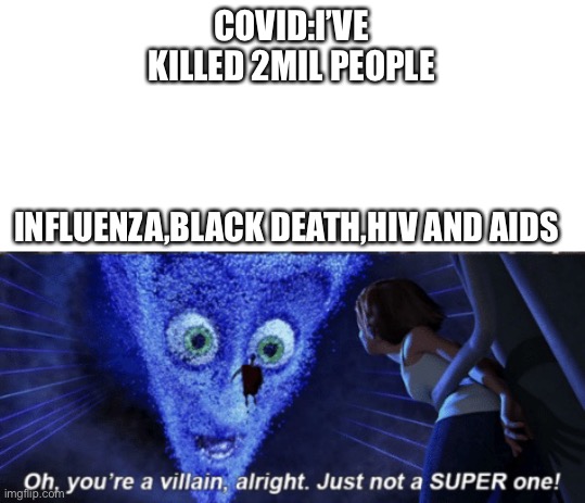 Pandemic land |  COVID:I’VE KILLED 2MIL PEOPLE; INFLUENZA,BLACK DEATH,HIV AND AIDS | image tagged in megamind you re a villain alright | made w/ Imgflip meme maker