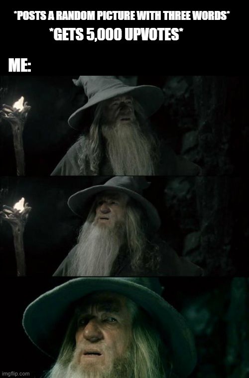 idk anymore | *POSTS A RANDOM PICTURE WITH THREE WORDS*; *GETS 5,000 UPVOTES*; ME: | image tagged in memes,confused gandalf | made w/ Imgflip meme maker