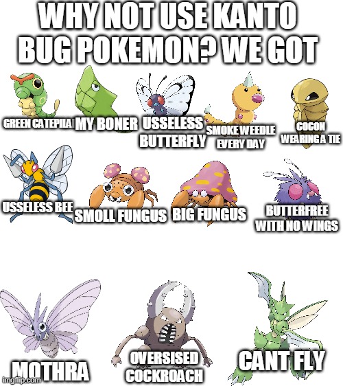 gen 1 bug pokemon in a nutshell | WHY NOT USE KANTO BUG POKEMON? WE GOT; GREEN CATEPILAR; COCON WEARING A TIE; MY BONER; USSELESS BUTTERFLY; SMOKE WEEDLE EVERY DAY; USSELESS BEE; BUTTERFREE WITH NO WINGS; SMOLL FUNGUS; BIG FUNGUS; CANT FLY; OVERSISED COCKROACH; MOTHRA | image tagged in blank white template,memes,funny,pokemon | made w/ Imgflip meme maker