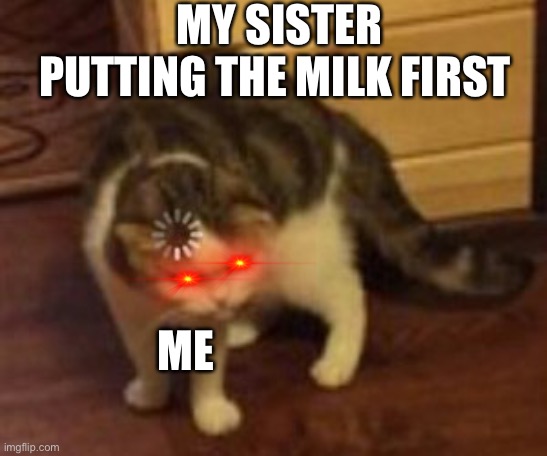 Loading cat | MY SISTER PUTTING THE MILK FIRST; ME | image tagged in loading cat | made w/ Imgflip meme maker