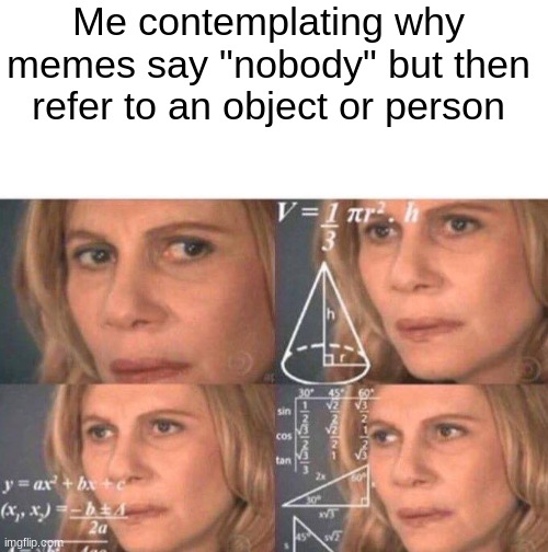 it doesn't make sense | Me contemplating why memes say "nobody" but then refer to an object or person | image tagged in blank white template,math lady/confused lady,nobody | made w/ Imgflip meme maker
