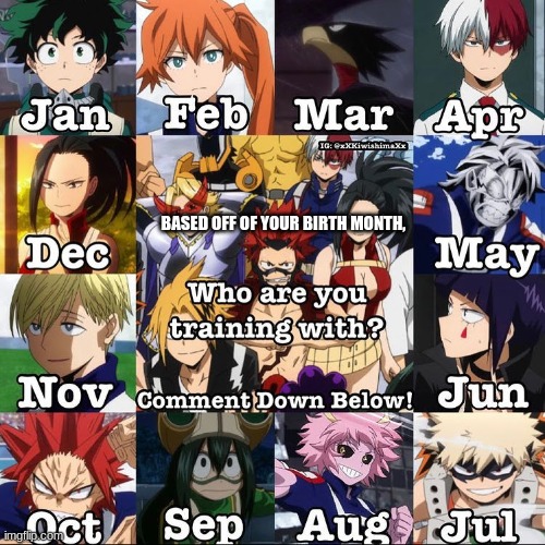 Who are u training with? | BASED OFF OF YOUR BIRTH MONTH, | image tagged in my hero academia,characters,train | made w/ Imgflip meme maker
