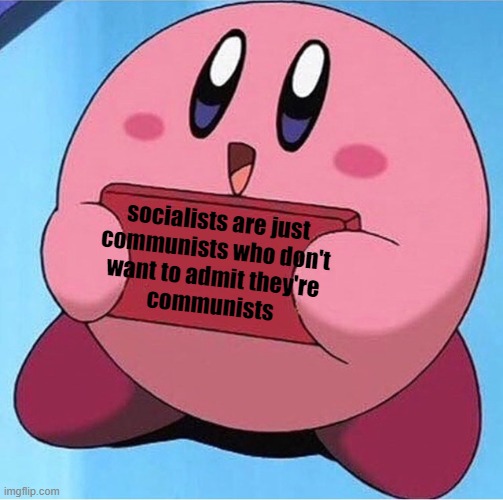 no no, he has a point (just a joke) | socialists are just
communists who don't
want to admit they're
communists | image tagged in kirby holding a sign,politics,communism,socialism | made w/ Imgflip meme maker