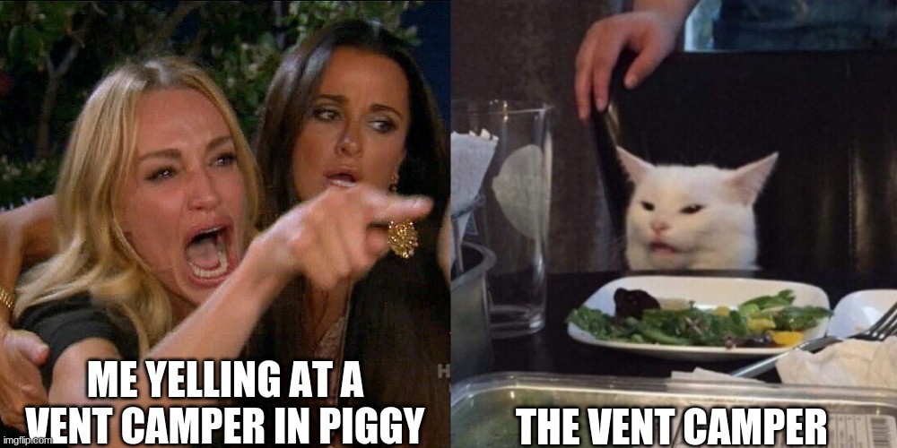 piggy be like | ME YELLING AT A VENT CAMPER IN PIGGY; THE VENT CAMPER | image tagged in woman yelling at cat | made w/ Imgflip meme maker