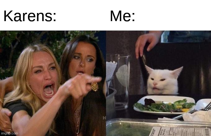 Meme | Karens:; Me: | image tagged in karens,memes,relatable,woman yelling at cat,cat,funny | made w/ Imgflip meme maker