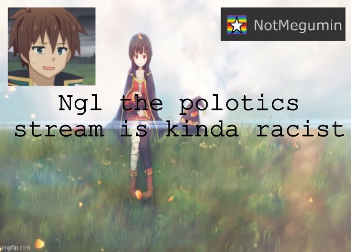 A tiny bit | Ngl the polotics stream is kinda racist | image tagged in notmegumin announcement | made w/ Imgflip meme maker