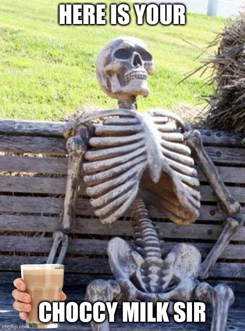 Waiting Skeleton Meme | HERE IS YOUR CHOCCY MILK SIR | image tagged in memes,waiting skeleton | made w/ Imgflip meme maker