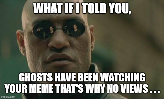 Matrix Morpheus Meme | WHAT IF I TOLD YOU, GHOSTS HAVE BEEN WATCHING YOUR MEME THAT'S WHY NO VIEWS . . . | image tagged in memes,matrix morpheus | made w/ Imgflip meme maker