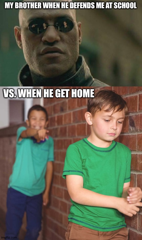 Lol |  MY BROTHER WHEN HE DEFENDS ME AT SCHOOL; VS. WHEN HE GET HOME | image tagged in memes,matrix morpheus | made w/ Imgflip meme maker
